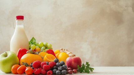 Fresh Fruits and Milk on a Simple Background Table Setting