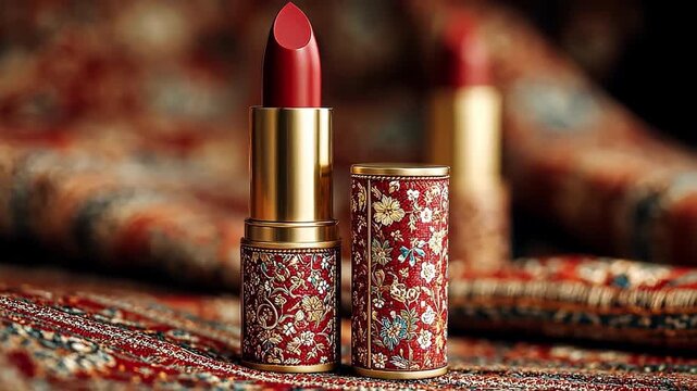 Elegant red lipstick with ornate gold packaging on a patterned surface.
