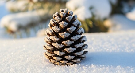 Close-up of a frosted pine cone resting on sparkling white snow in a serene winter forest setting, illuminated by bright sunlight.