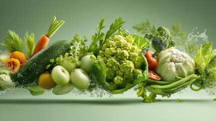 Fresh Vegetables Arranged in Vibrant Display on Green Background