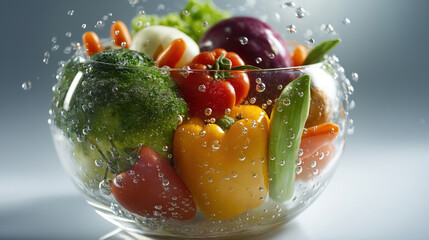Fresh Vegetables Splashing in a Clear Bowl of Water