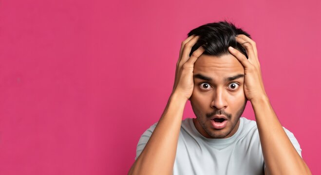 Young Indian man looking shocked and surprised with hands on head against a vibrant pink background
