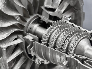 Detailed view of additive manufacturing metal components produced through 3D printing technology...