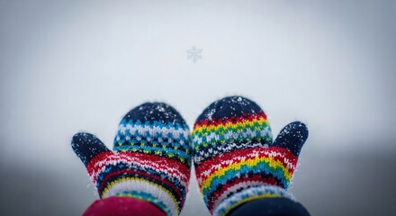 Child's hands in vibrant rainbow knitted mittens reaching up to catch a delicate snowflake against a soft, snowy winter background