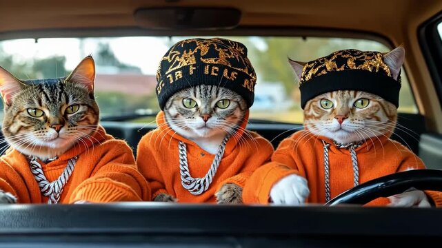 Three cool cats in hoodies and hats ride in a car, looking forward.