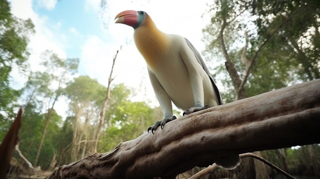 A majestic prehistoric bird with a bright red and yellow beak sits perched on a fallen tree branch.