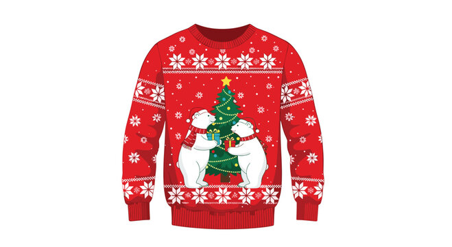Festive red ugly Christmas sweater featuring two cute polar bears exchanging gifts in front of a decorated tree with snowflakes.