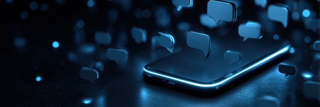 Signal Notifications on a Glowing Smartphone Amidst a Dark Blue Atmosphere - Powered by Adobe