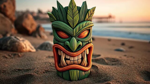 Menacing tiki mask on a sandy beach at sunset, evoking a tropical vibe.