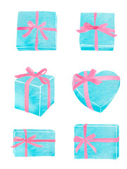 リボンをかけたギフトボックス　水彩イラスト