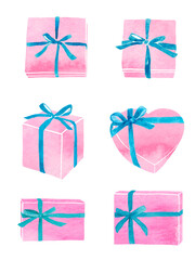 リボンをかけたギフトボックス　水彩イラスト