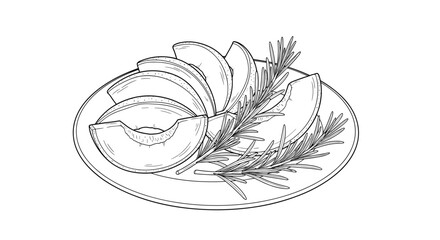Naklejka premium A detailed line art illustration depicting fresh sliced melon served on a plate with aromatic rosemary sprigs, ready to eat.