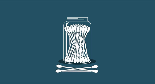An illustration of a glass jar full of cotton swabs, with two additional swabs lying criss-cross in front of it, set against a solid background.
