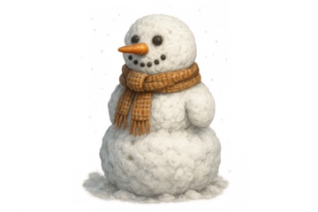Classic snowman character with carrot nose, coal eyes, and smile, dressed in a warm brown scarf for christmas and winter