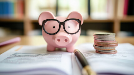 Piggy Bank and Coins on Open Book With Pen for Budgeting
