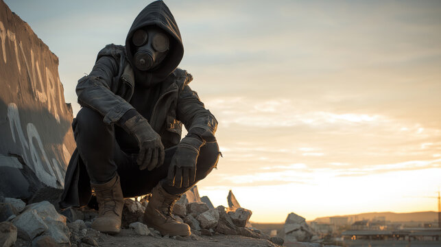 Survivor in a Desolate Urban Landscape at Sunset