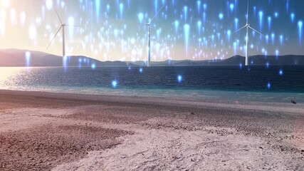 Digital Technology and Renewable Energy: Wind Turbines on the Sea Shore with Abstract Light Effects. - Powered by Adobe