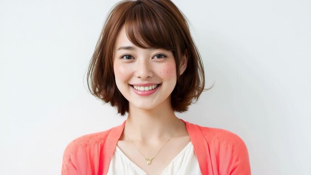 女性がコーラルの服で明るく微笑む