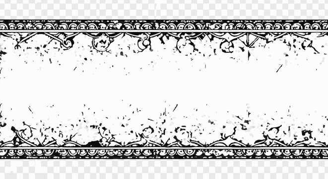 Highly detailed black and white distressed vector border with ornate baroque floral scrollwork, framed by decorative lines and featuring a central grunge texture, ideal for headers, footers, or vintag