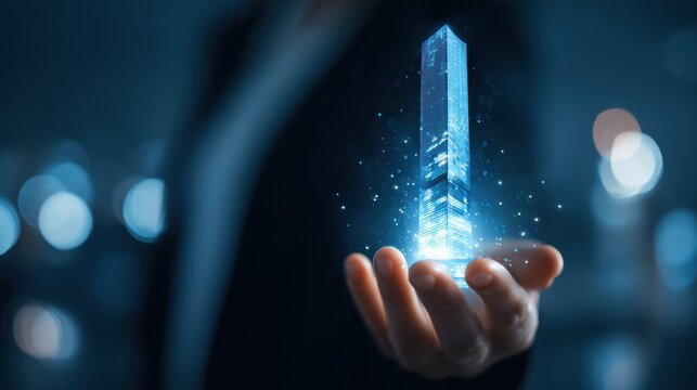 Digital Representation of a Skyscraper Held in a Hand Against a Blurred City Backdrop Showcasing Futuristic Design