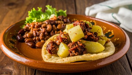 Savory potato and meat dish served on a tortilla with beans and lettuce