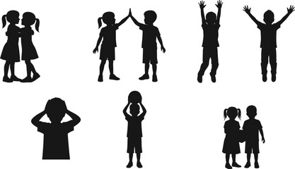 Black Silhouettes of Children Hugging, High-Fiving, Celebrating, Holding Ball, Expressing Emotions and Social Bonding in Vector Illustration