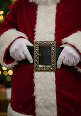 “Santa Claus tightening his wide black leather belt, close-up on the shiny buckle, red velvet suit details