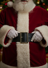 “Santa Claus tightening his wide black leather belt, close-up on the shiny buckle, red velvet suit details