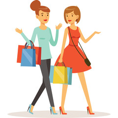 Two fashionable women walking together carrying shopping bags in pastel blue and coral red outfits with colorful purchases on a transparent background 
