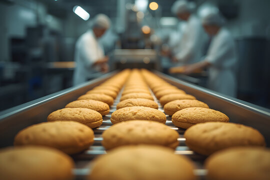 Food industry - biscuit production in a factory on a conveyor belt