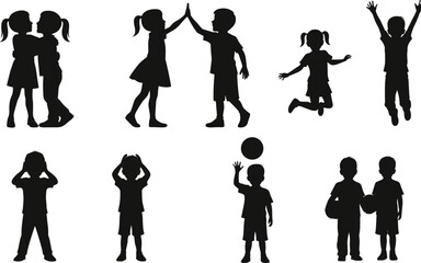Black Silhouettes of Children Playing, Hugging, Celebrating, Holding Ball, Expressing Emotions and Social Interaction in Vector Clipart Style
