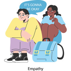 Two friends one distressed sitting with a backpack between them and the other offering comfort and reassurance with text it's gonna be okay on a transparent background