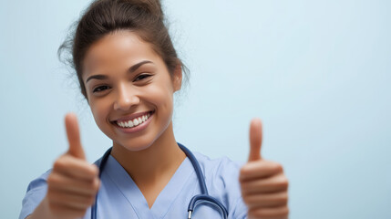Smiling Healthcare Worker Gives Thumbs up in Clinic Setting