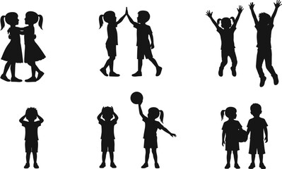 Black Silhouettes of Children Playing, Hugging, Jumping, Holding Ball, Expressing Emotions and Social Interaction in Vector Clipart Style