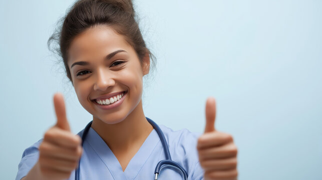 Smiling Healthcare Worker Gives Thumbs up in Clinic Setting