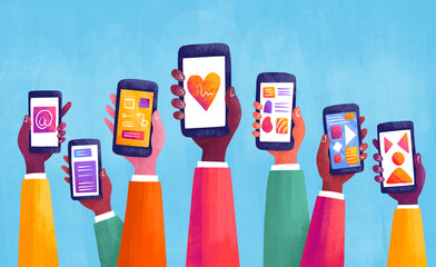 Diverse hands holding smartphones displaying various apps and graphics