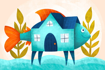 Fish shaped like a house. Concept of introversion.