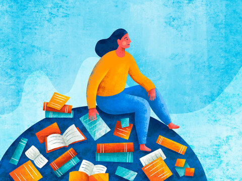 Person sitting on a pile of books surrounded by colorful literature
