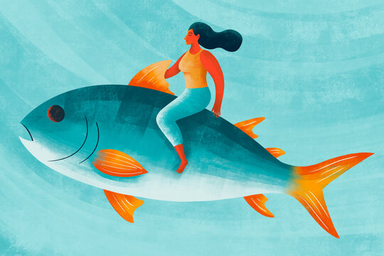Woman riding a large fish in a vibrant ocean setting