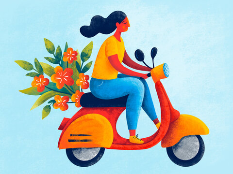 Woman riding scooter with flowers in vibrant colors