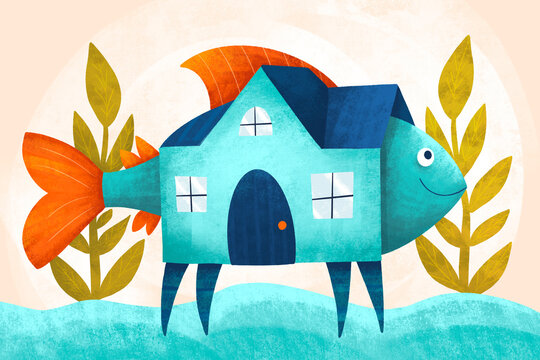 Fish shaped like a house. Concept of introversion.