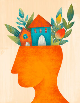 Creative representation of a human mind with houses and plants