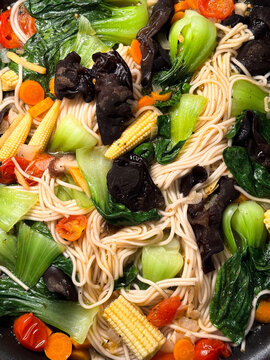 Asian vegetable noodle stir-fry close-up