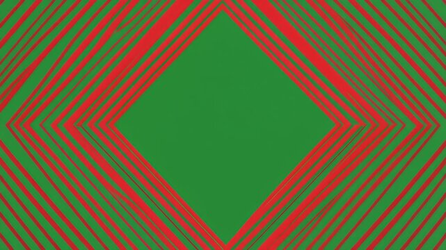 Abstract design with vibrant red lines on a green background, forming nested diamond shapes for a dynamic optical illusion, ideal for festive and modern graphic projects