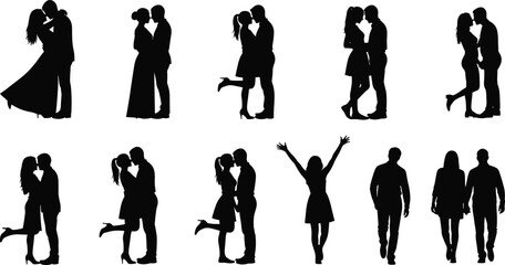 Black Silhouettes of Couples in Romantic Poses – Kissing, Hugging, Holding Hands, and Celebrating Love – Vector Clipart Style