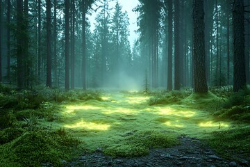 Fototapeta premium Enchanted Forest with Glowing Moss and Misty Atmosphere in a Serene Landscape