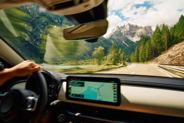 Road trip Driving through Mountains POV interior view