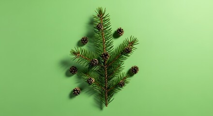 Minimalist evergreen branch with pinecones on green background