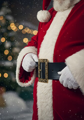 “Santa Claus tightening his wide black leather belt, close-up on the shiny buckle, red velvet suit details