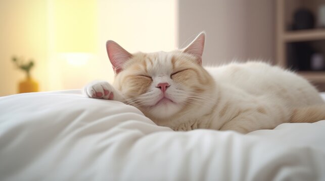 A content and peaceful cream-colored cat sleeping soundly on a soft white blanket bathed in m sunlight